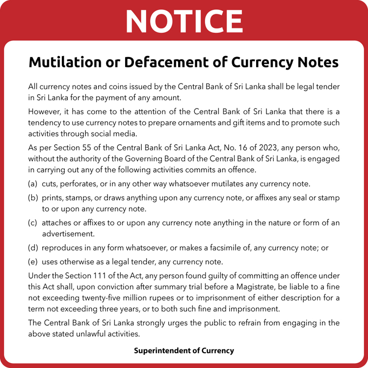 CBSL advises against wilful mutilation and defacement of currency notes - Adaderana Biz English