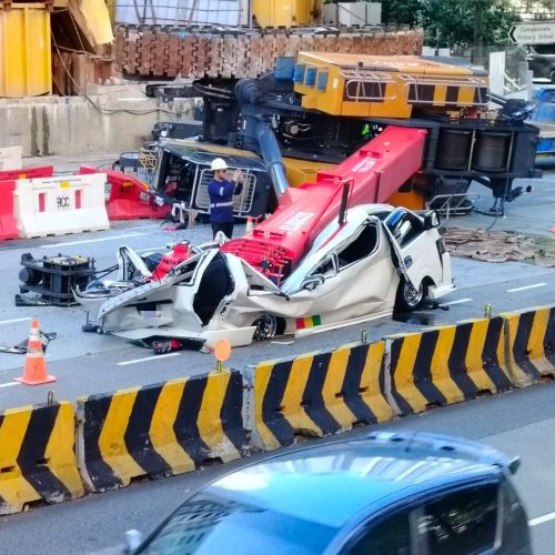 Crane topples on top of van in Sengkang & squashes it, driver sent to hospital