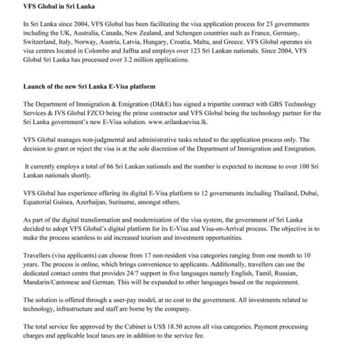 VFS Global statement on Sri Lanka E-Visa