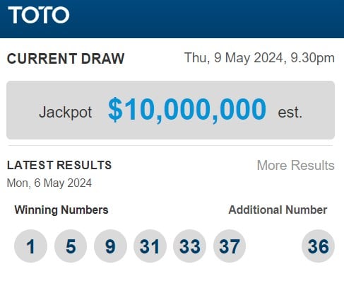TOTO jackpot prize for 9 May draw snowballs to S$10M