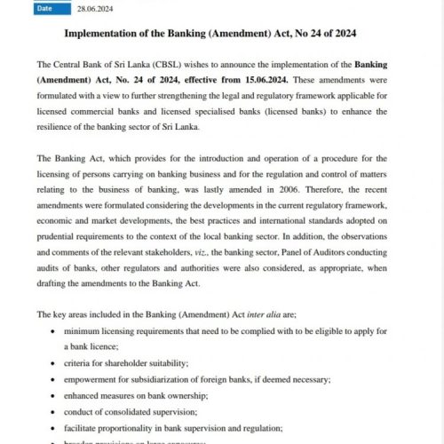 Implementation of the Banking (Amendment) Act, No 24 of 2024